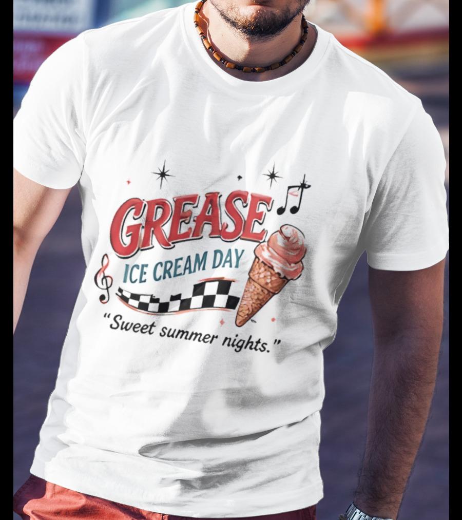 Grease Ice Cream Day Sweet Summer Nights Ice Cream Cone Music Notes Stars T-Shirt