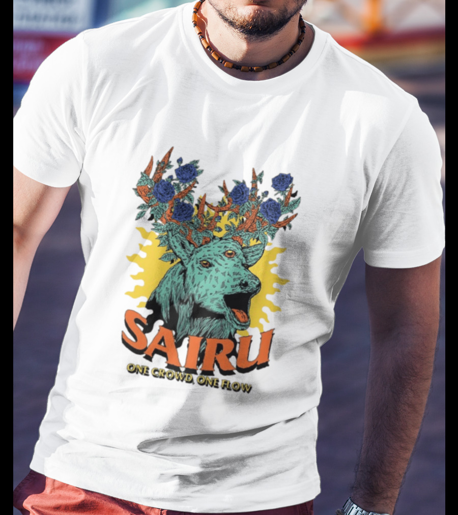 Sairu One Crowd One Flow Deer With Blue Roses Horns T-Shirt
