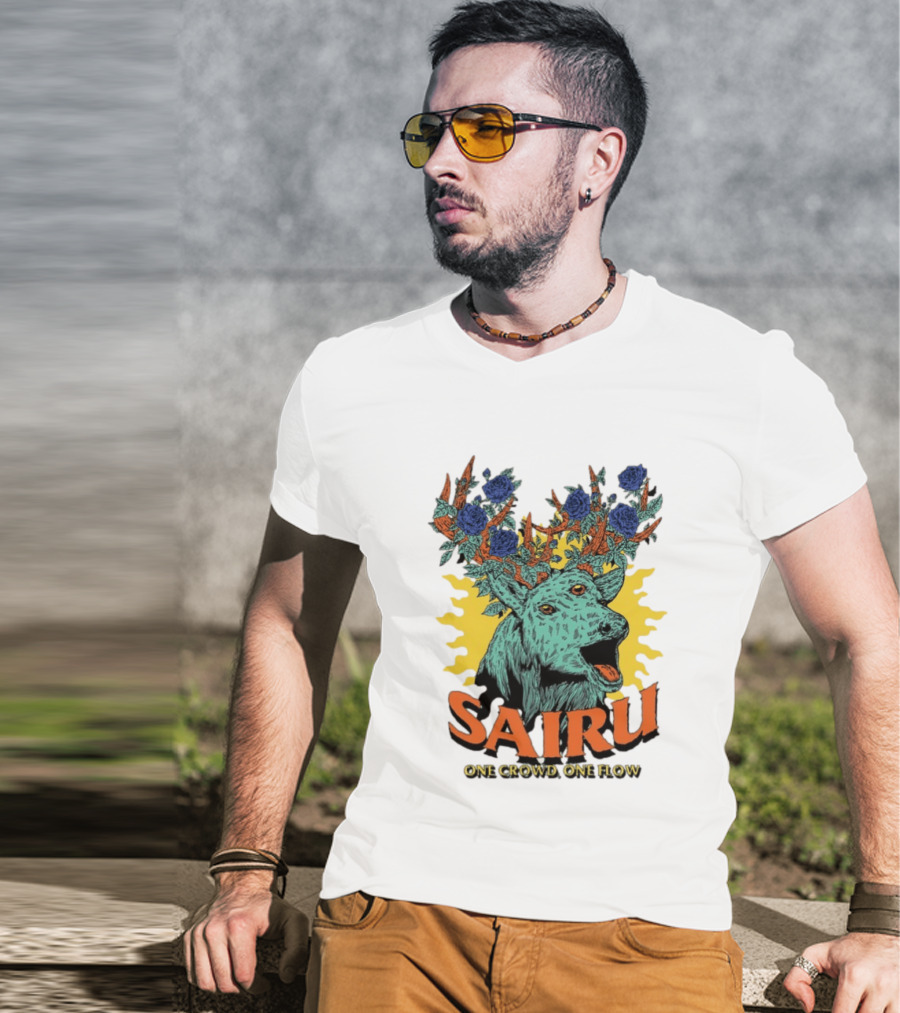 Sairu One Crowd One Flow Deer With Blue Roses Horns T-Shirt