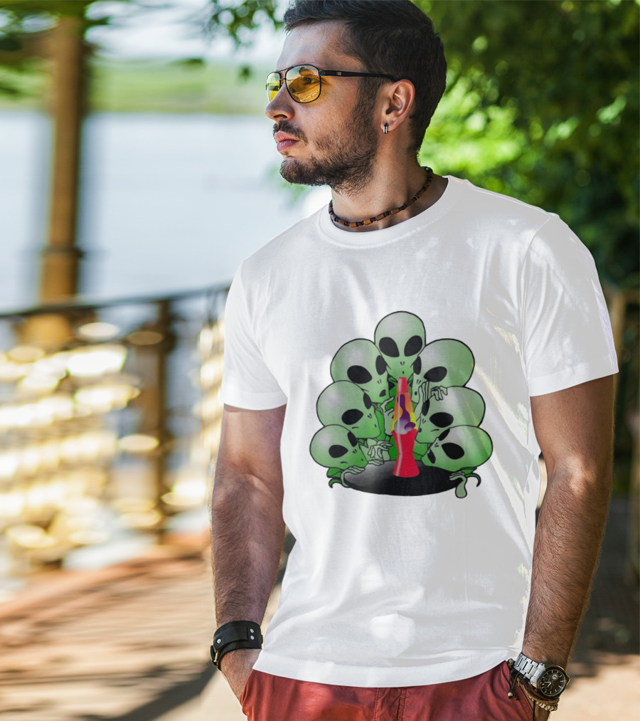 Aliens Gathering Around Colorful Lava Lamp T-Shirt
