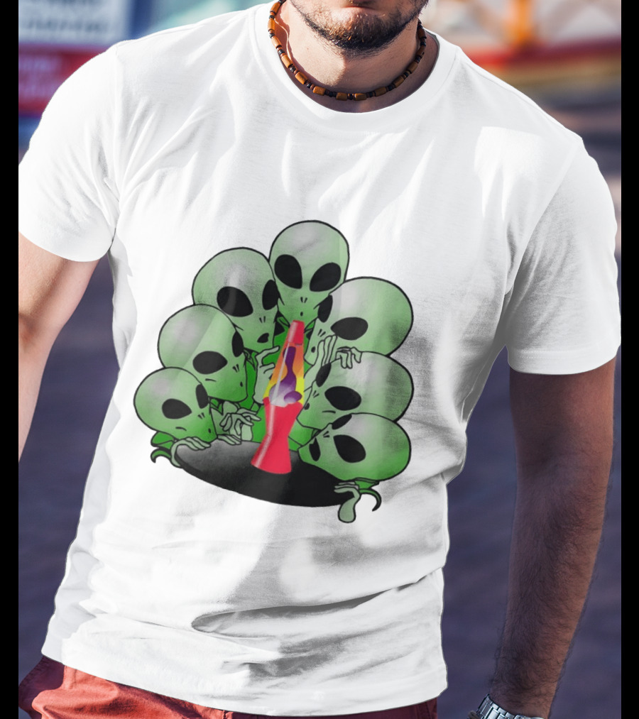Aliens Gathering Around Colorful Lava Lamp T-Shirt