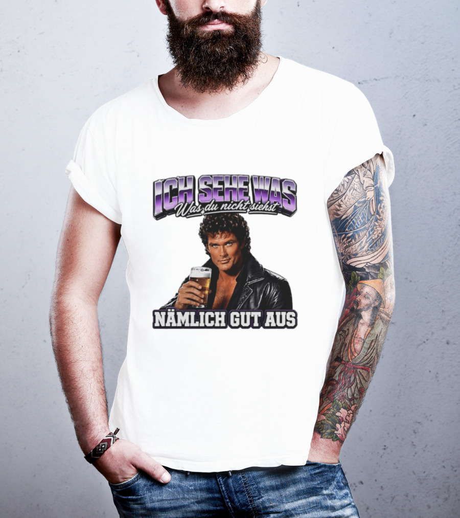 David Hasselhoff Ich Sehe Was Was Du Nicht Siehst Nämlich Gut Aus Iconic Pose With Beer And Leather Jacket T-Shirt