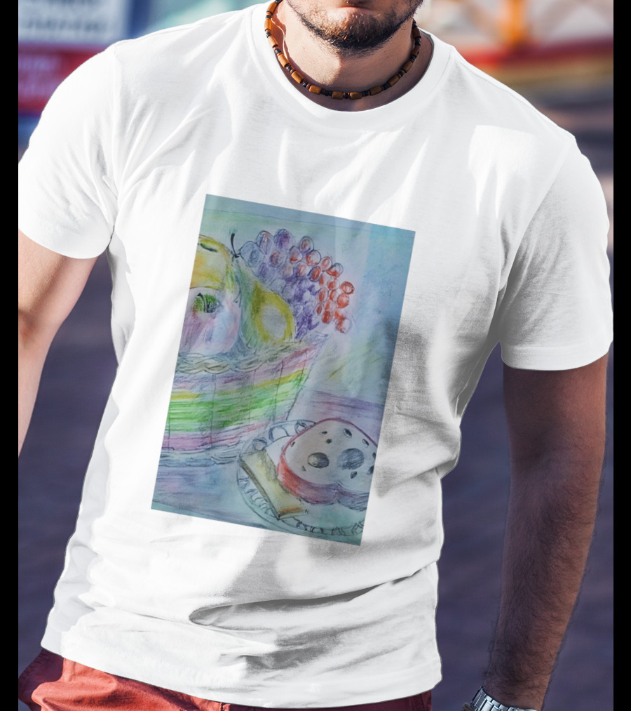 Fruit Basket Bagel Still Life Drawing Pears Apples Grapes Bread T-Shirt