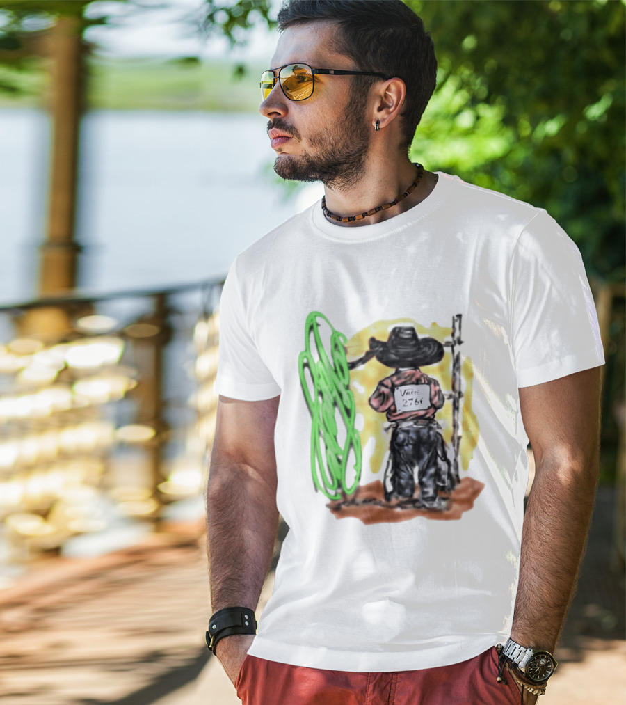 Vnere 2766 Cowboy Vintage Western Art With Hat And Fence T-Shirt