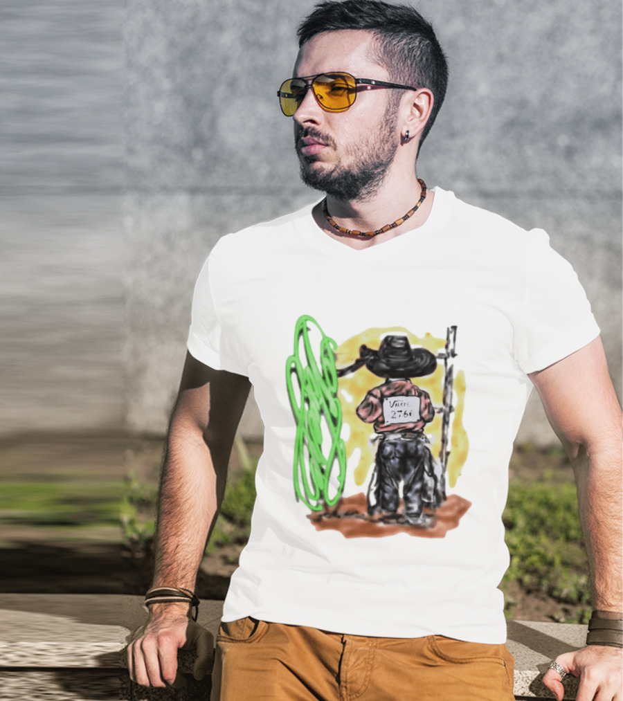 Vnere 2766 Cowboy Vintage Western Art With Hat And Fence T-Shirt