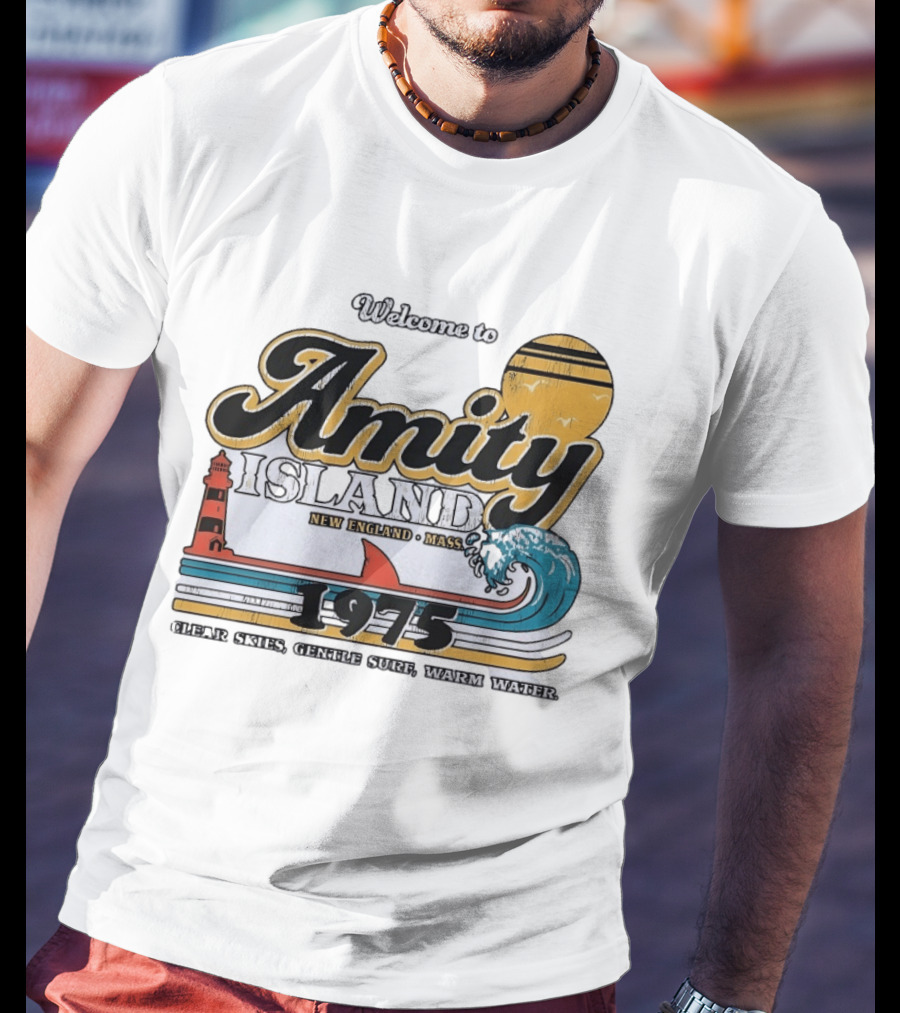 Welcome To Amity Island 1975 New England Massachusetts Lighthouse Wave Ocean Sun T-Shirt