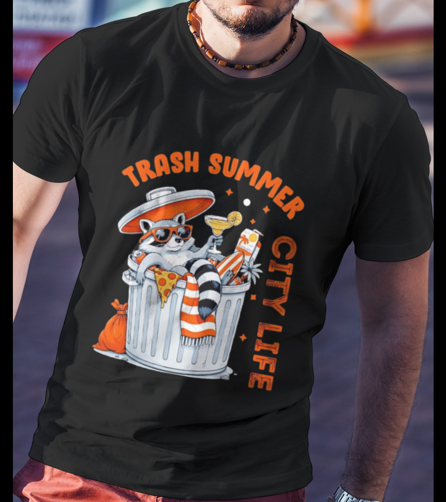 Trash Summer City Life Raccoon Enjoying Urban Vibes With Pizza And Martini T-Shirt