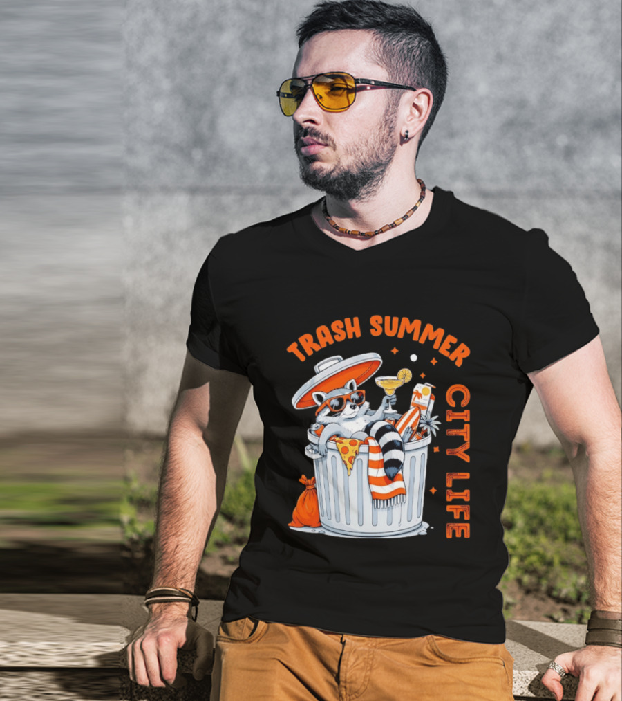 Trash Summer City Life Raccoon Enjoying Urban Vibes With Pizza And Martini T-Shirt