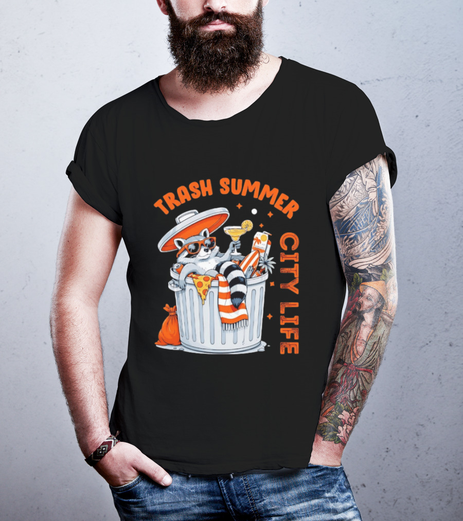 Trash Summer City Life Raccoon Enjoying Urban Vibes With Pizza And Martini T-Shirt