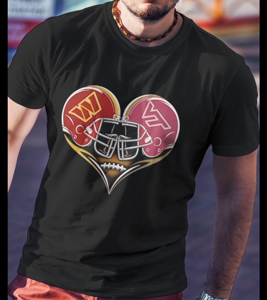 Washington Commanders Virginia Tech Hokies Helmet Heart Dual Team Spirit T-Shirt