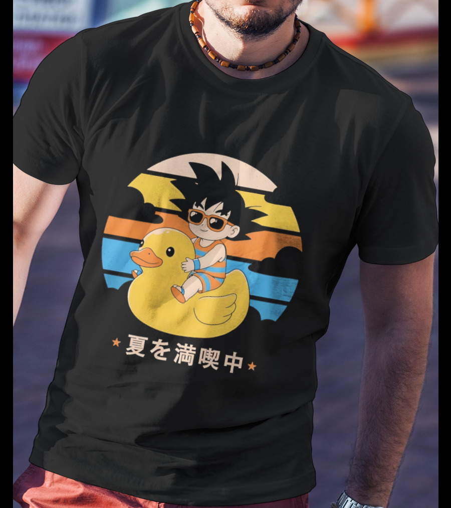 Young Goku Riding Rubber Duck At Sunset Enjoying Summer T-Shirt