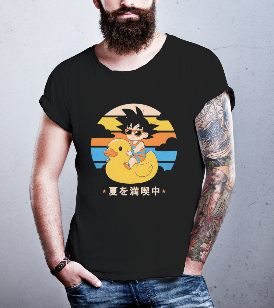 Young Goku Riding Rubber Duck At Sunset Enjoying Summer T-Shirt