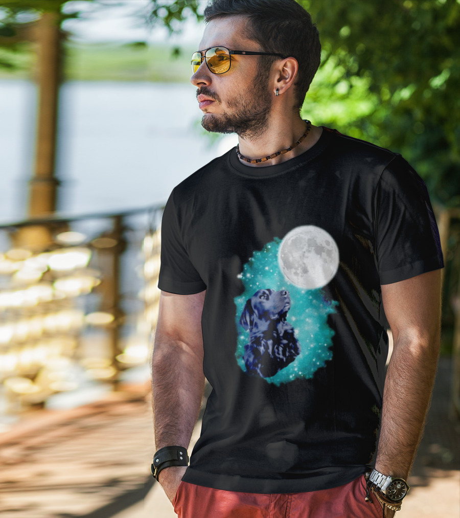 Black Dog Under Moon In Galaxy Space T-Shirt