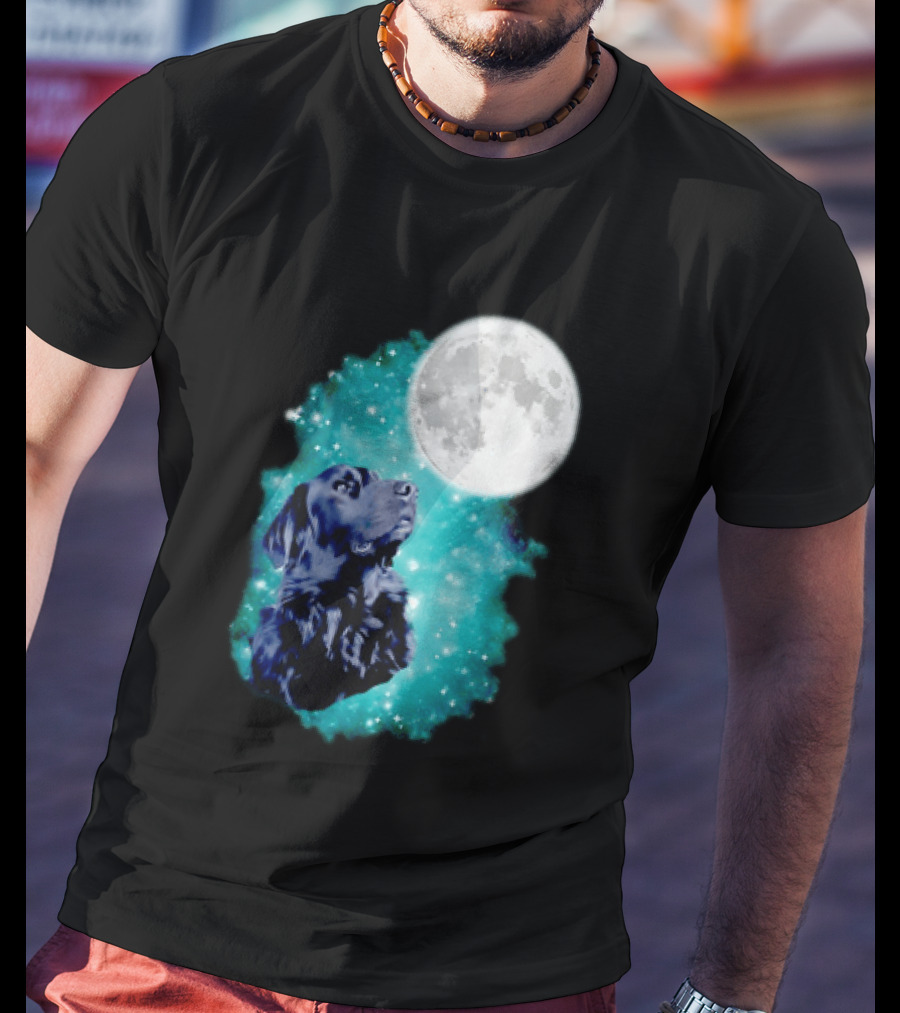 Black Dog Under Moon In Galaxy Space T-Shirt