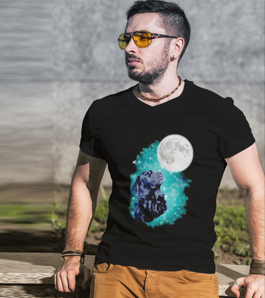 Black Dog Under Moon In Galaxy Space T-Shirt