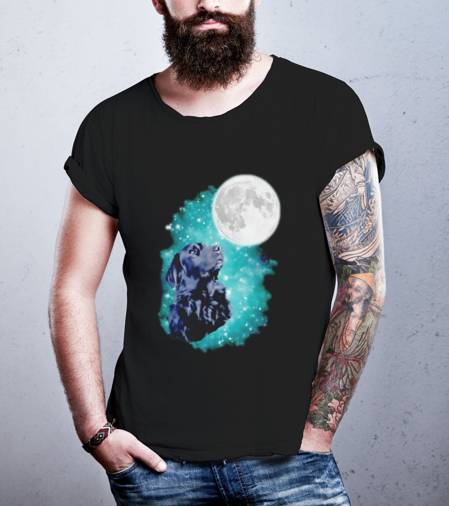Black Dog Under Moon In Galaxy Space T-Shirt