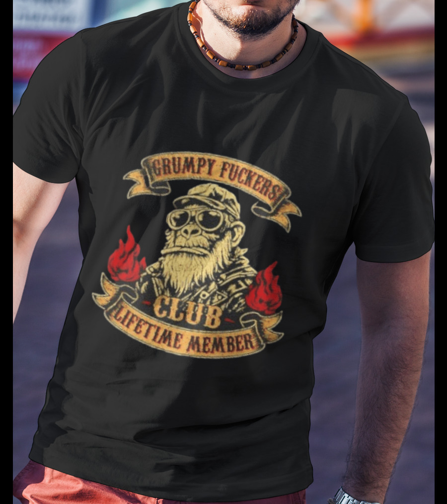 Grumpy Fuckers Club Lifetime Member Monkey With Sunglasses And Flames T-Shirt