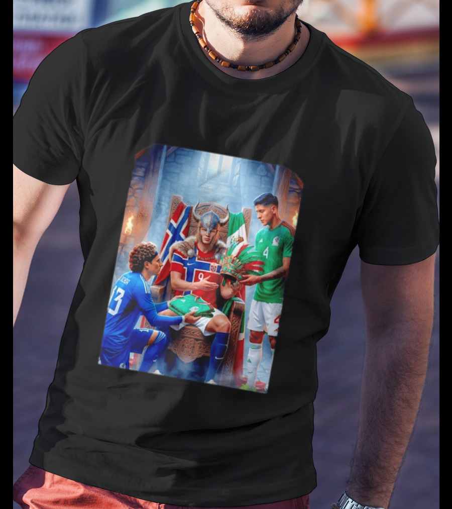 Guillermo Ochoa And Johan Vasquez Offering Mexico Jersey To Viking Erling Haaland With Norway Flag In Throne Room T-Shirt