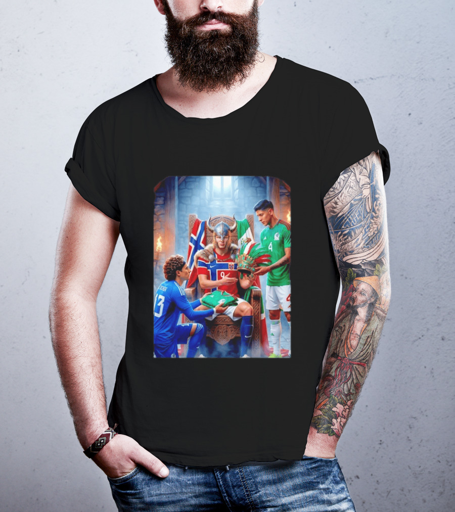 Guillermo Ochoa And Johan Vasquez Offering Mexico Jersey To Viking Erling Haaland With Norway Flag In Throne Room T-Shirt