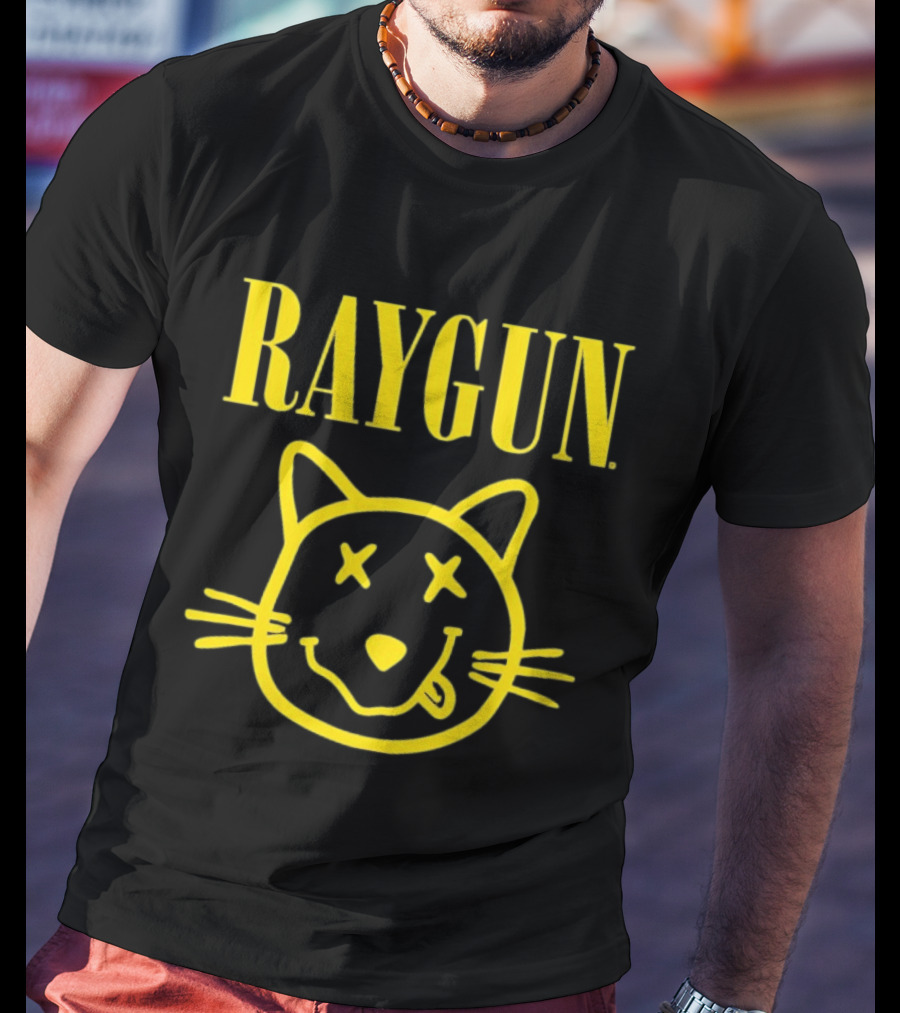 Raygun Smiley Cat Face Neon Yellow Quirky Expression T-Shirt