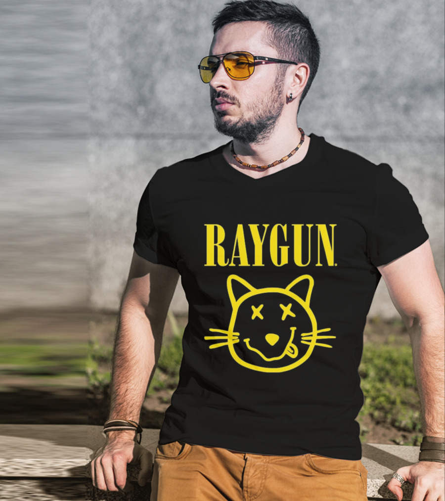 Raygun Smiley Cat Face Neon Yellow Quirky Expression T-Shirt