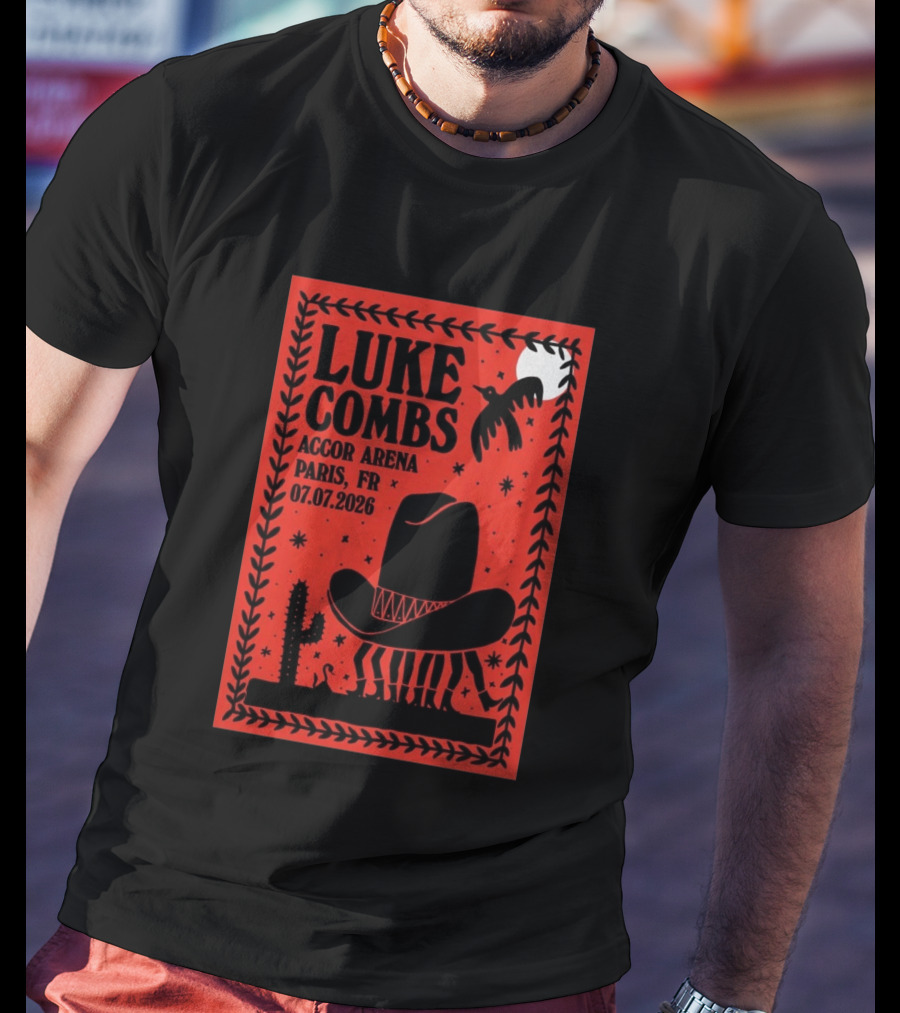 Luke Combs Accor Arena Paris FR 07.07.2026 Cowboy Hat Cactus Moon Desert Scene T-Shirt