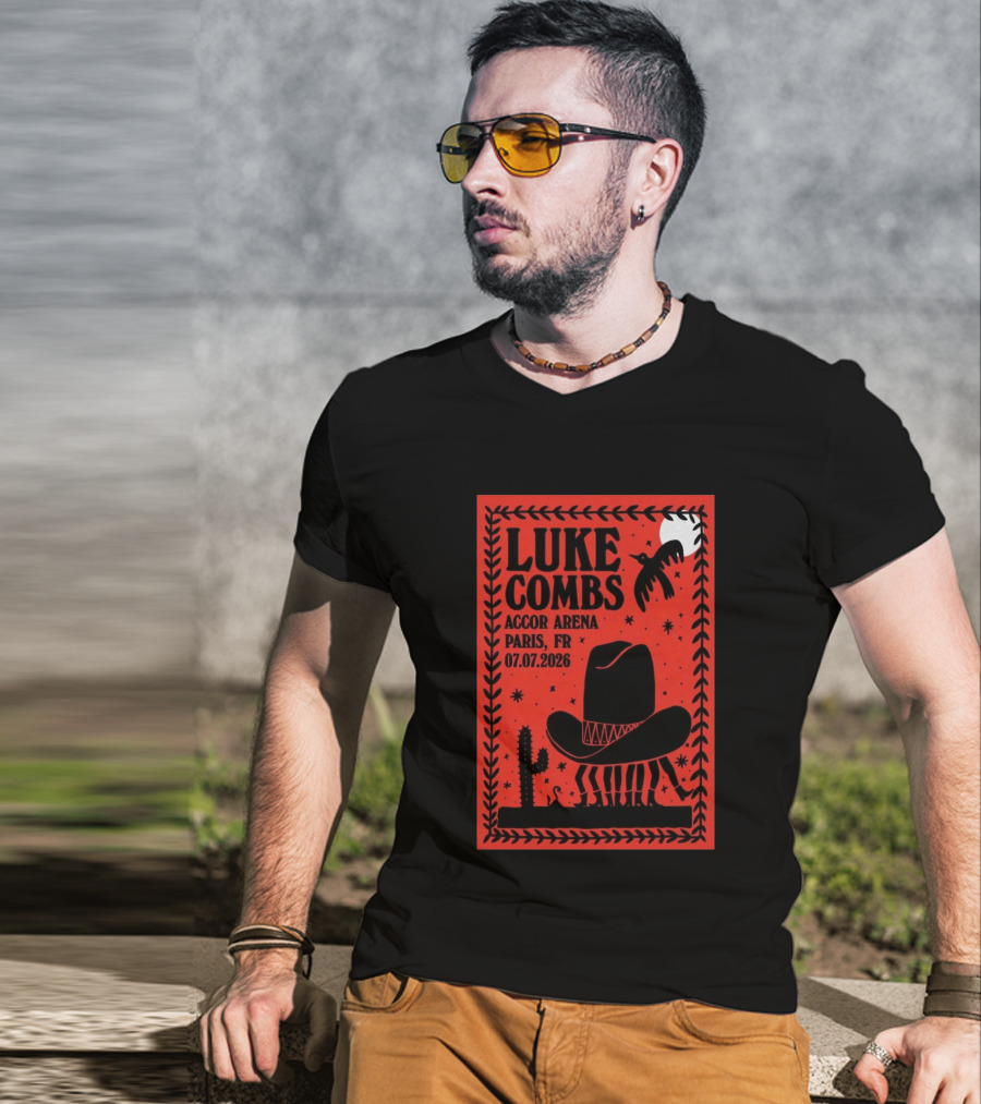 Luke Combs Accor Arena Paris FR 07.07.2026 Cowboy Hat Cactus Moon Desert Scene T-Shirt