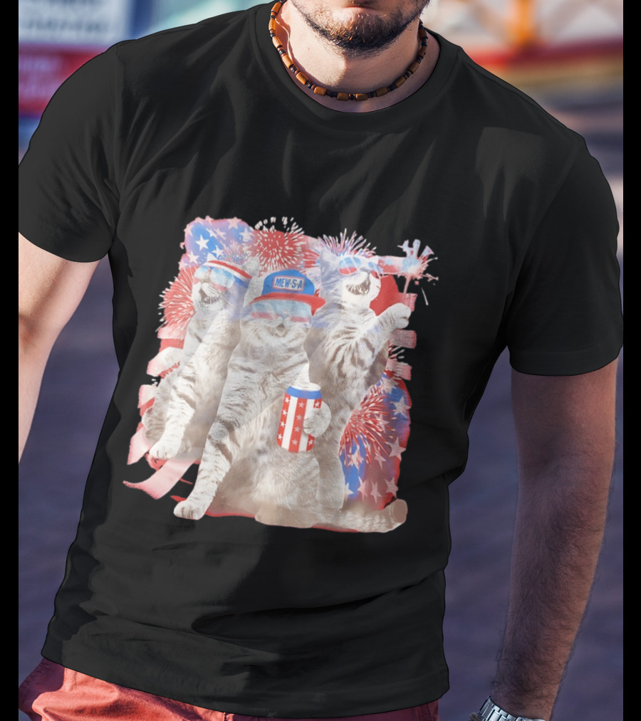 Mew's A Patriotic American Flag Cats Fireworks Party Animal Holiday USA T-Shirt