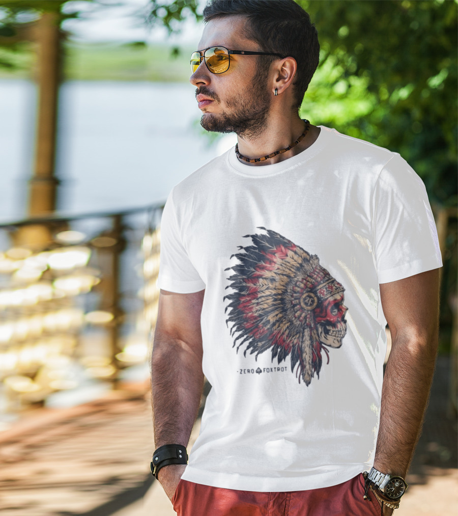 Zero Foxtrot Skull In Feathered Headdress T-Shirt