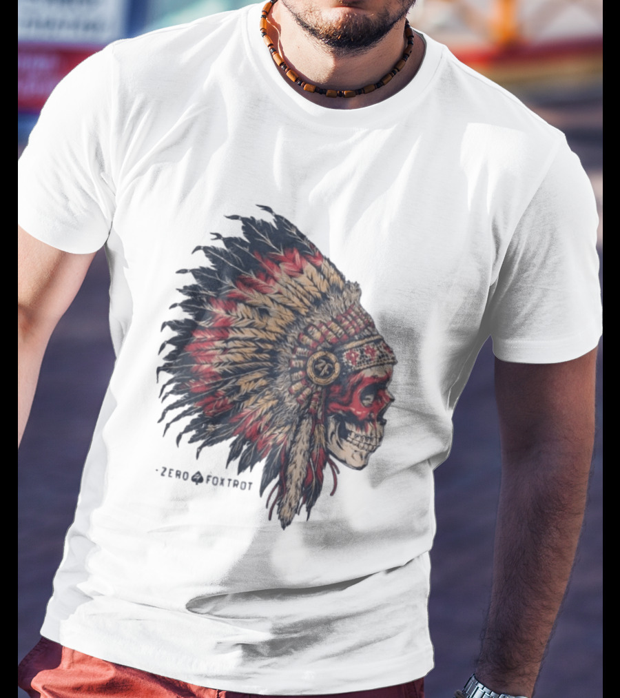 Zero Foxtrot Skull In Feathered Headdress T-Shirt