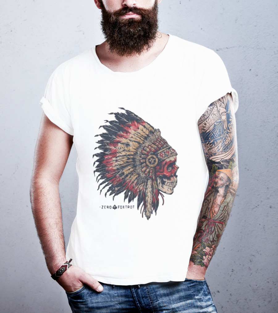 Zero Foxtrot Skull In Feathered Headdress T-Shirt