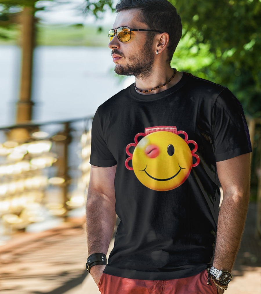 Winking Smiley Face Emoji With Hair Rollers T-Shirt