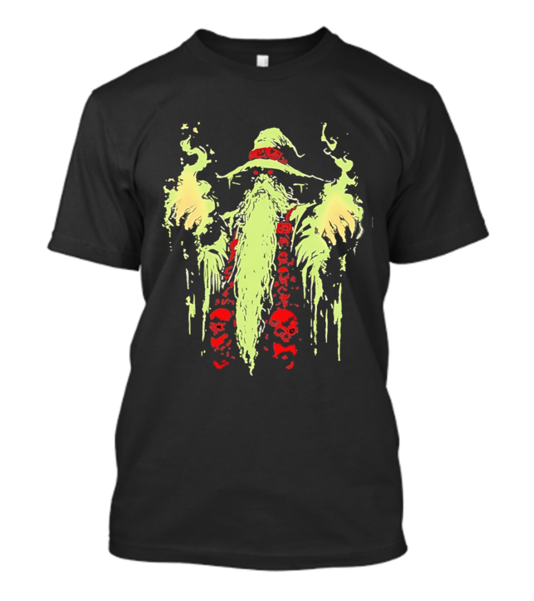 Necromancer Wizard With Glowing Green Fire And Red Skulls T-Shirt