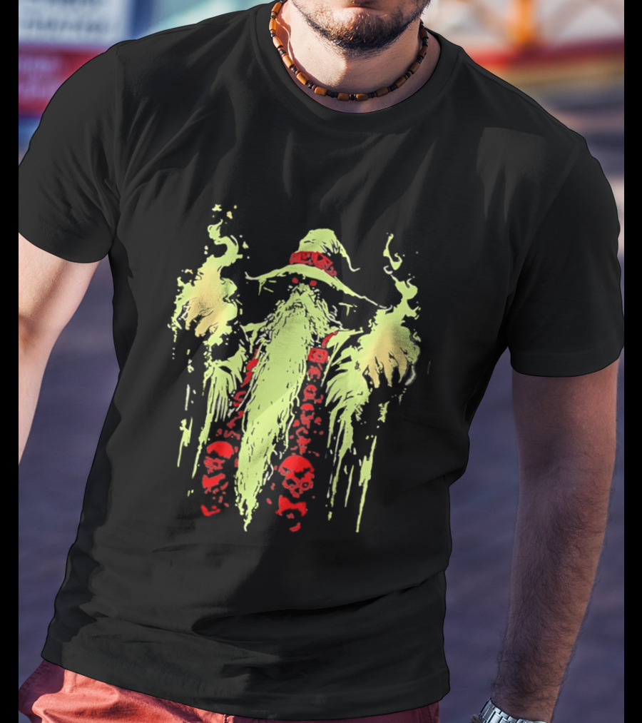 Necromancer Wizard With Glowing Green Fire And Red Skulls T-Shirt