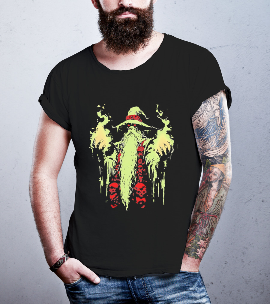Necromancer Wizard With Glowing Green Fire And Red Skulls T-Shirt