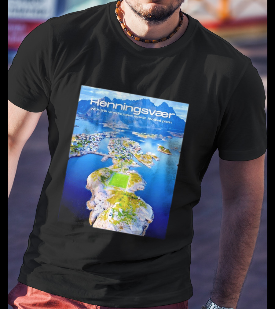 Henningsvaer With The World's Most Scenic Football Pitch Aerial View T-Shirt