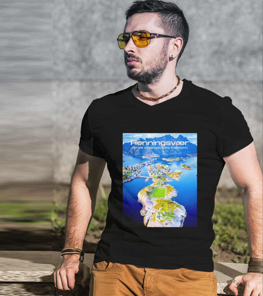 Henningsvaer With The World's Most Scenic Football Pitch Aerial View T-Shirt