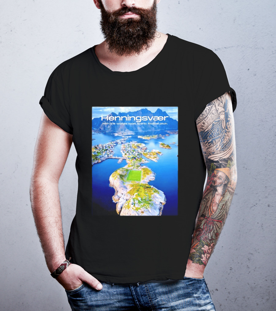 Henningsvaer With The World's Most Scenic Football Pitch Aerial View T-Shirt