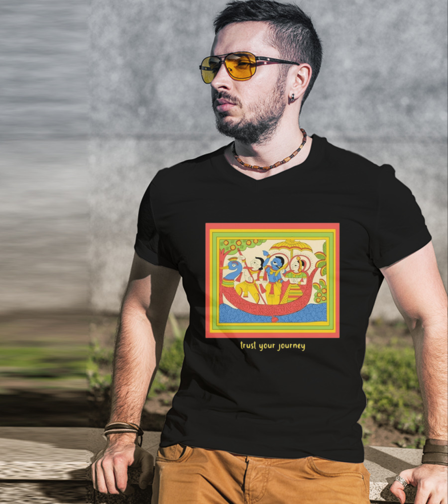 Phad Paintings Trust Your Journey Krishna Radha Boat Scene T-Shirt