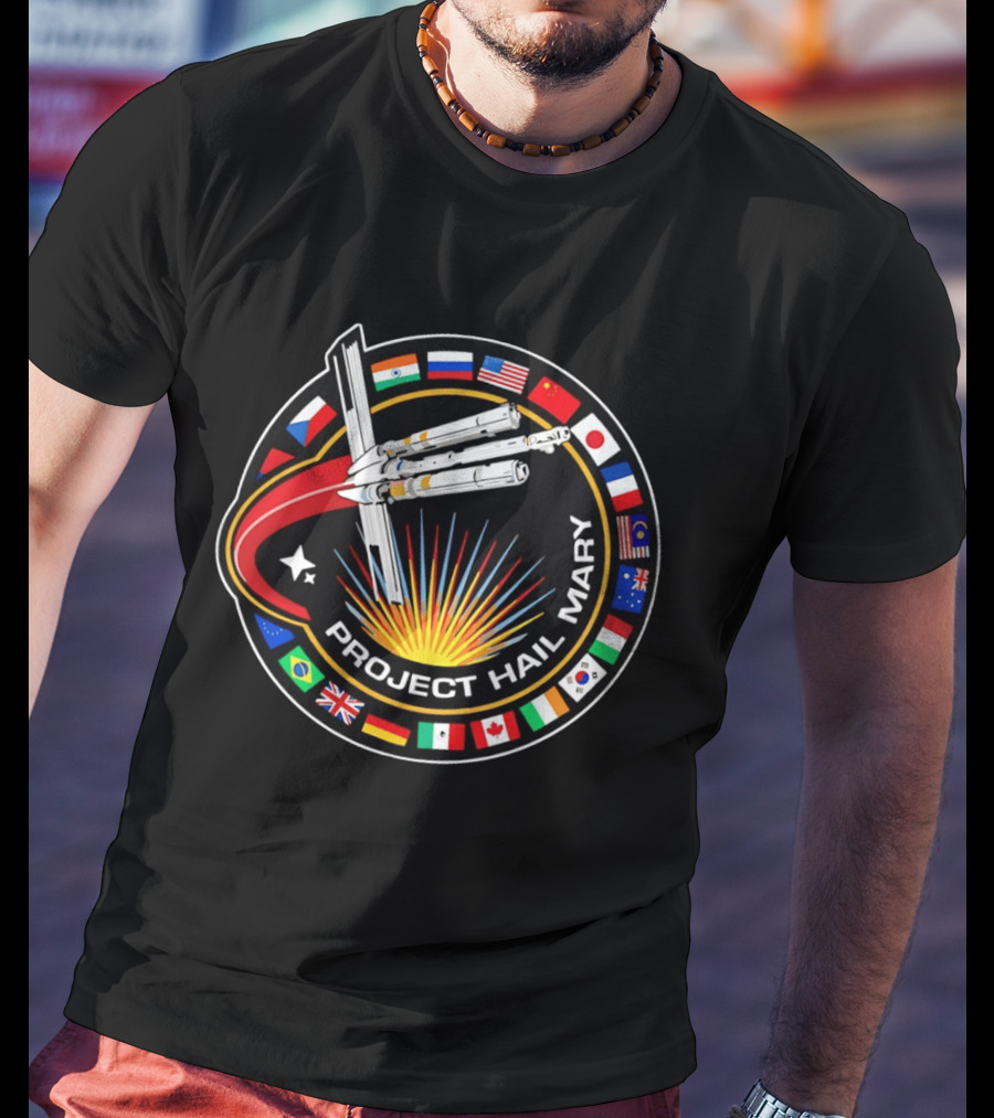 Project Hail Mary Mission Patch With International Flags And Spacecraft T-Shirt