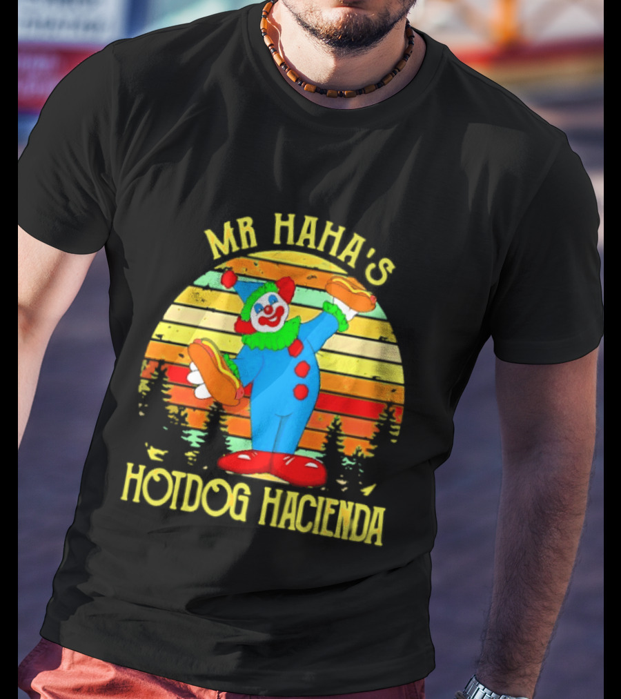 Mr Haha's Hotdog Hacienda Clown In Colorful Costume With Hot Dog T-Shirt