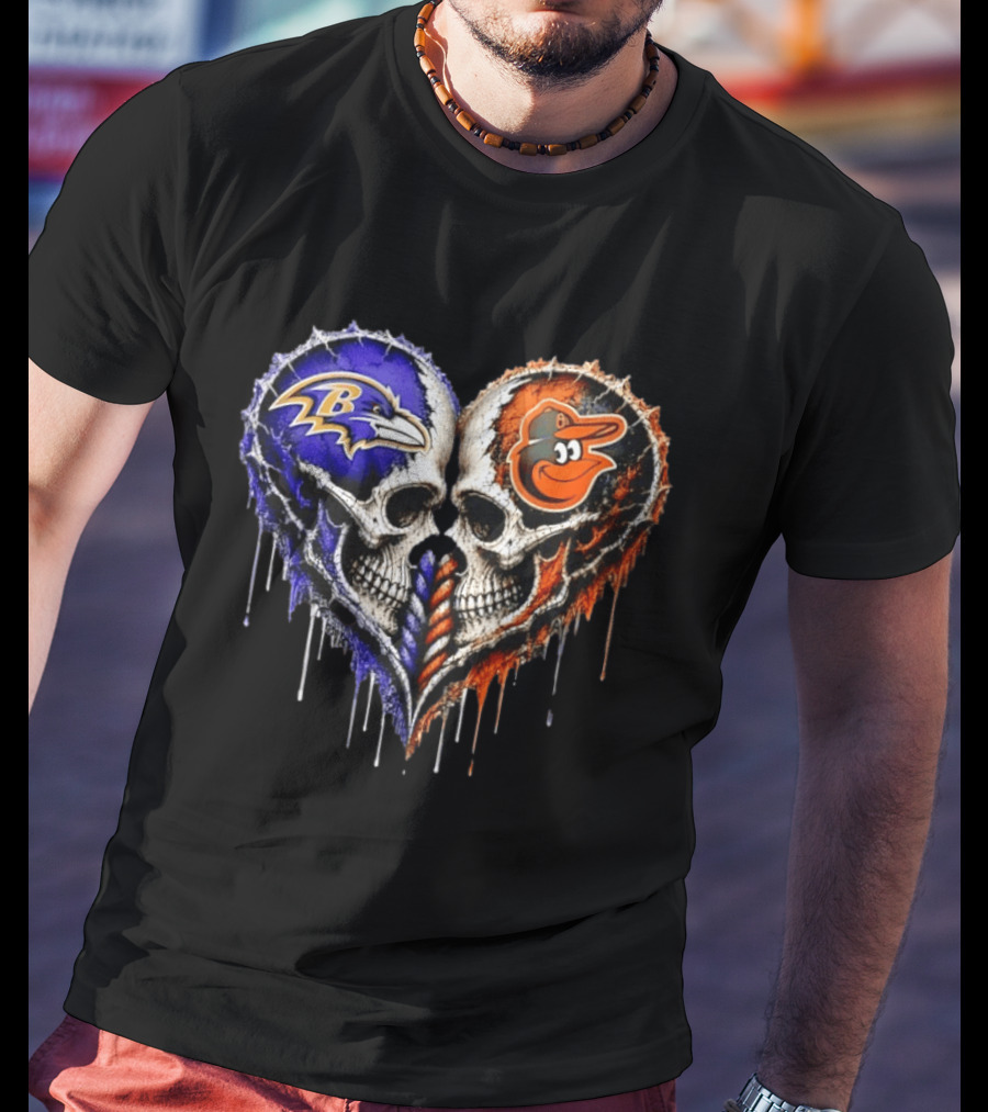 Baltimore Ravens And Baltimore Orioles Skull Heart T-Shirt