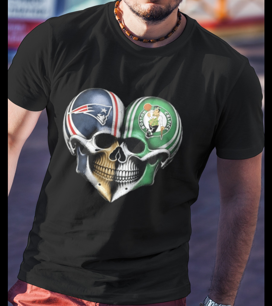 Boston Celtics And New England Patriots Skull Heart T-Shirt