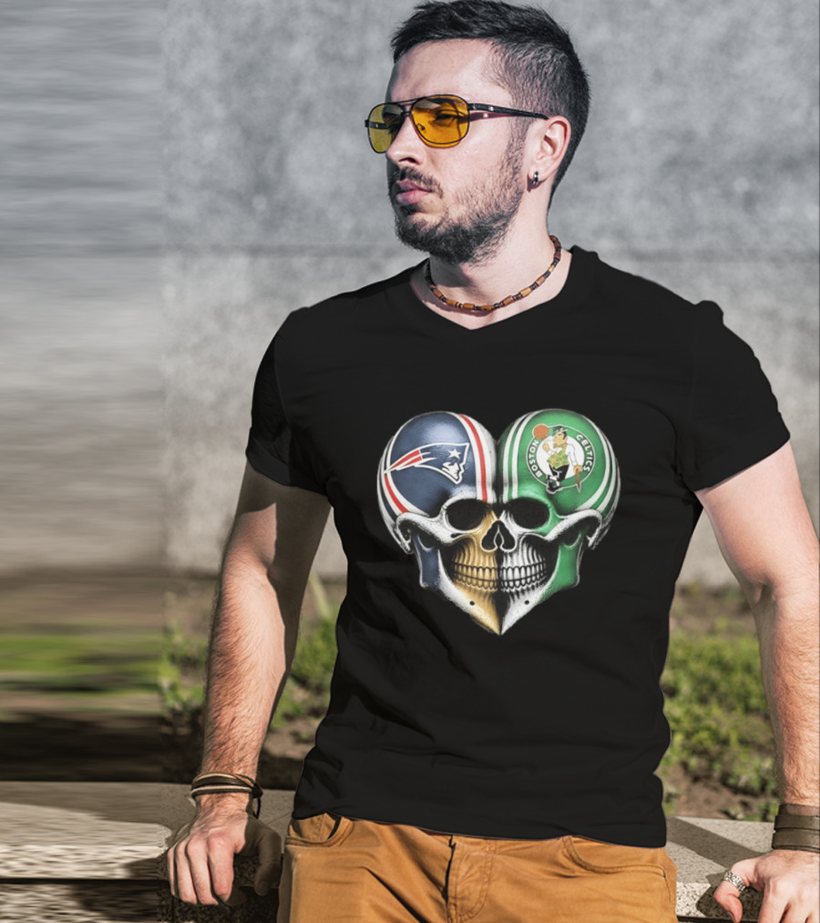Boston Celtics And New England Patriots Skull Heart T-Shirt