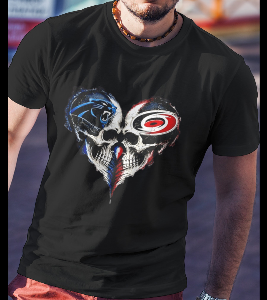 Carolina Panthers And Carolina Hurricanes Heart Skulls T-Shirt