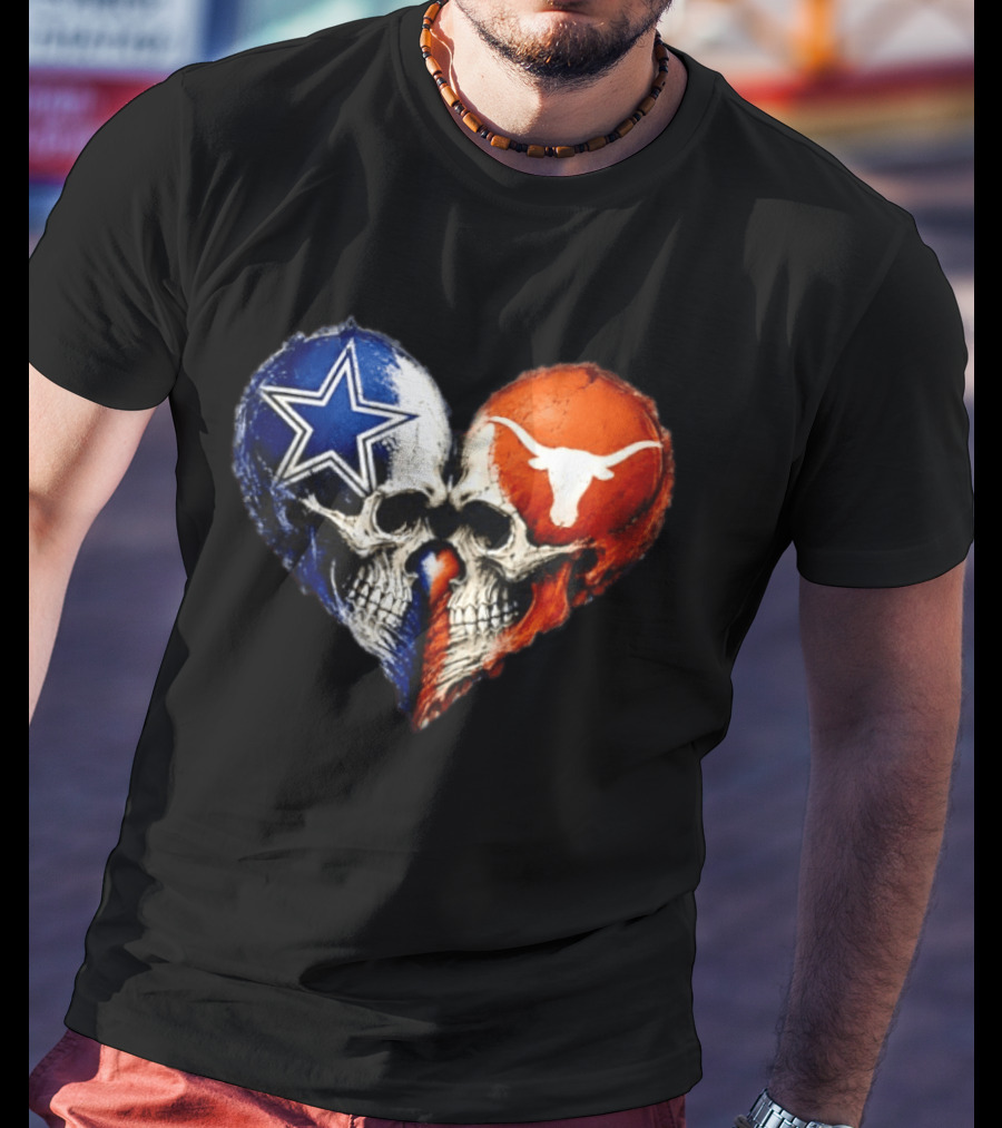 Dallas Cowboys And Texas Longhorns Skulls Heart T-Shirt