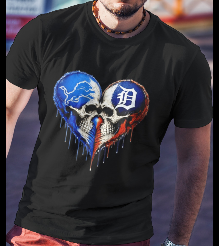 Detroit Lions And Detroit Tigers Skull Heart T-Shirt