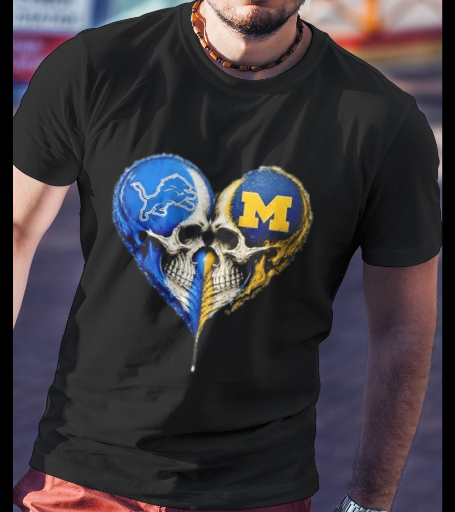 Detroit Lions And Michigan Wolverines Heart Skulls T-Shirt