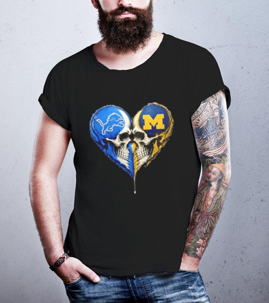 Detroit Lions And Michigan Wolverines Heart Skulls T-Shirt