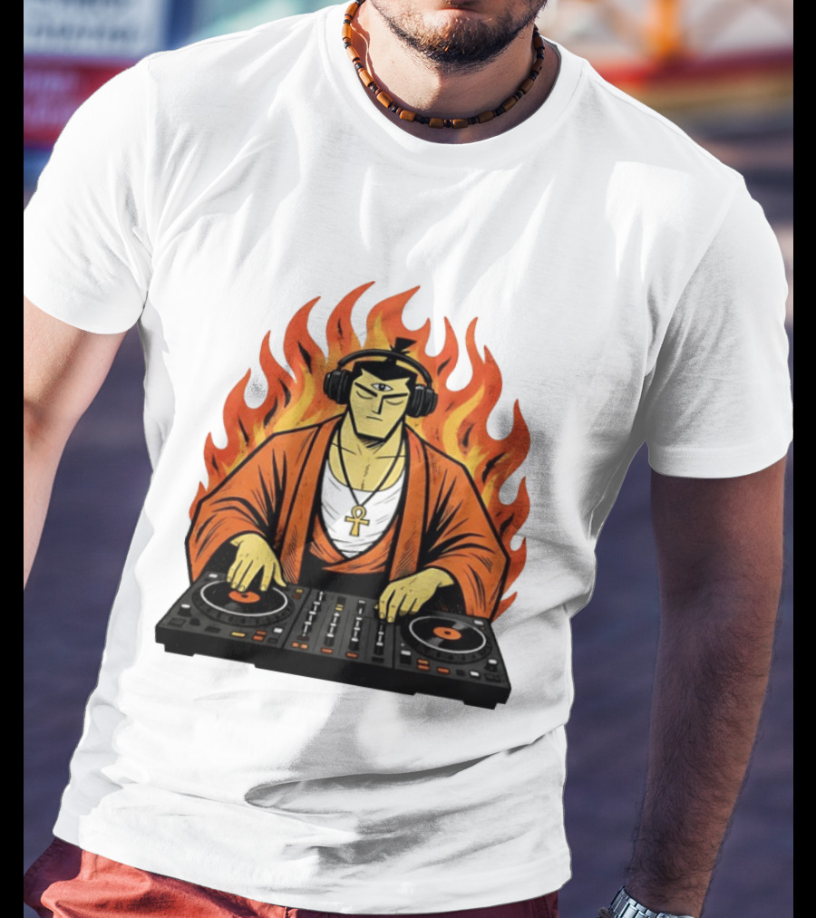 Samurai Jack DJing With Headphones Fire Music Mixer T-Shirt